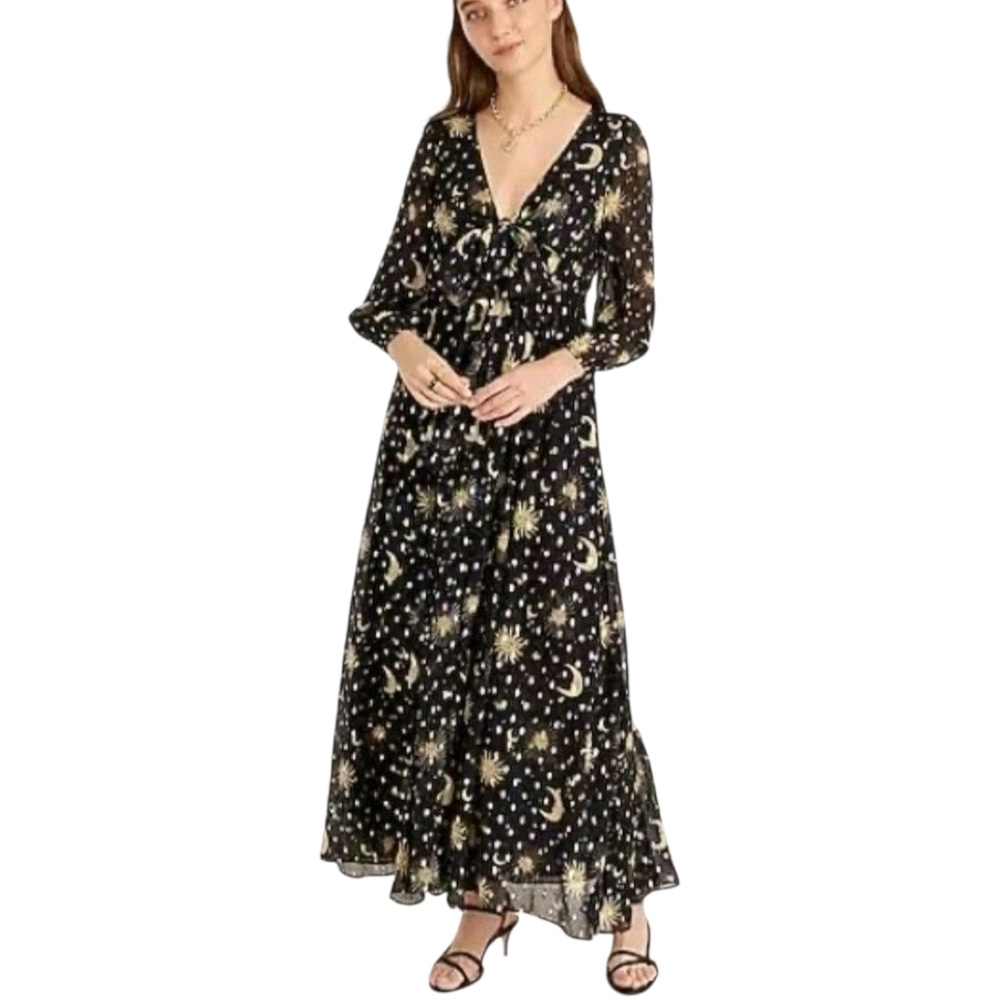 J.Crew XS Tie Front Lurex Celestial Dark Academia Star Moon Whimsical Maxi Dress